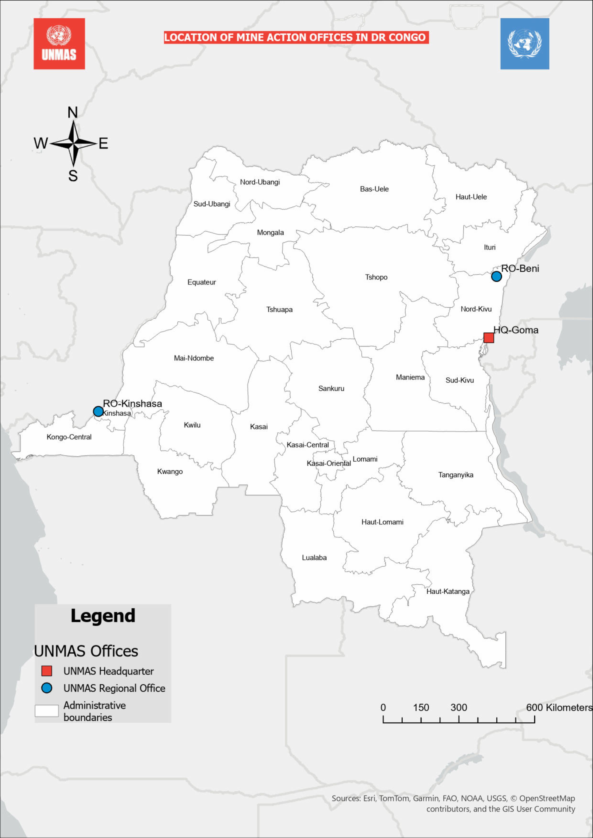 Map of the Democratic Republic of the Congo with UNMAS offices marked in red.