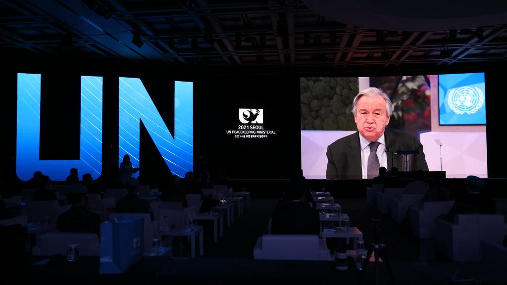 United Nations Secretary-General António Guterres delivers a welcome message during the opening ceremony of the 2021 Seoul UN Peacekeeping Ministerial. 