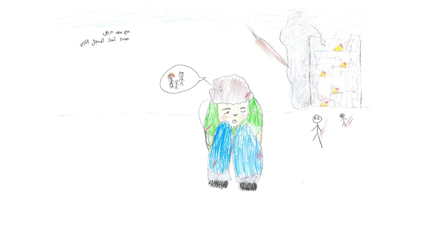 رسمتها منى، غزة. بقلم تلوين على ورق.