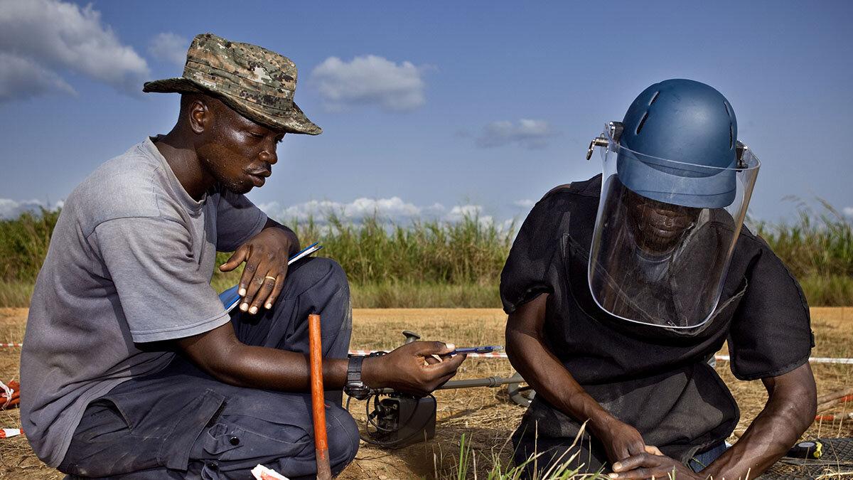 two deminers are working on a field