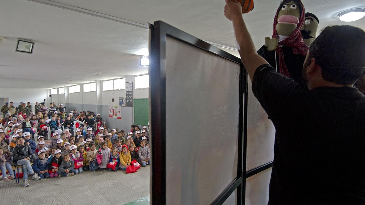 A puppet show for kids acted by MAG at Blat Public School during an MRE event coordinated by the Lebanon Mine Action Center ( LMAC), UNMAS and UNIFIL, as part of its mine risk education activities; and to highlight the danger of unexploded ordnance.