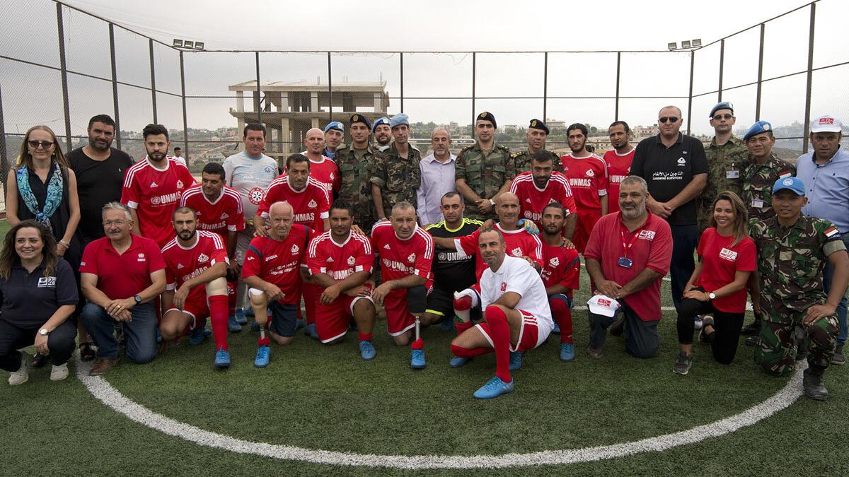 The players from the Lebanese Association for the Care of the Disabled participate in a football match, coordinated by the Lebanon Mine Action Center (LMAC) and supported by UNMAS and UNIFIL, to mark International Day for Mine Awareness and Assistance in Mine Action.
