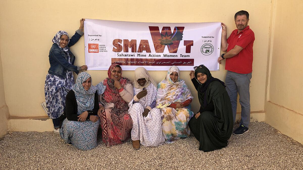 UNMAS commissioned a banner for the Sahrawi Mine Action Women Team, a group of volunteers and former deminers promoting mine action in the Territory east of the berm.