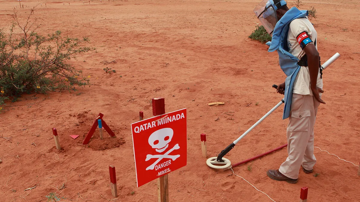 a deminer is deminig the field with a detector with a red sign beside.