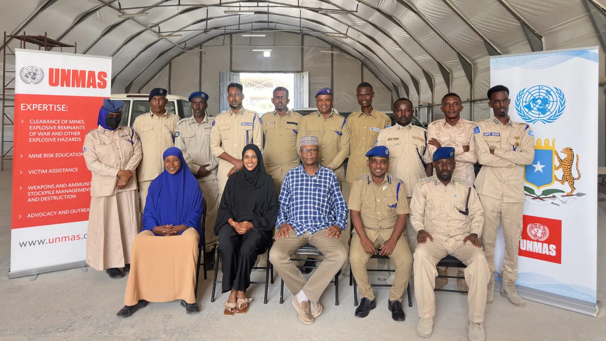 SPF EOD personnel pose for a group photo upon completing the capacity-development programme, funded by the Government of Japan.