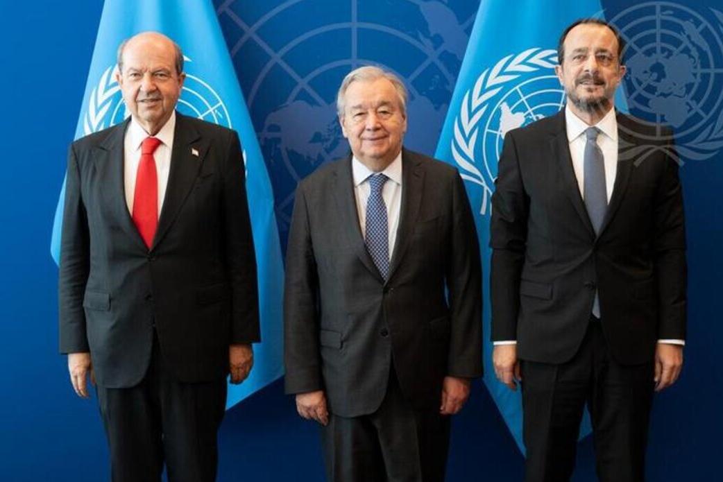 The Secretary-General (center), with the Greek Cypriot leader, Nikos Christodoulides (left) and the Turkish Cypriot leader, Ersin Tatar (right).