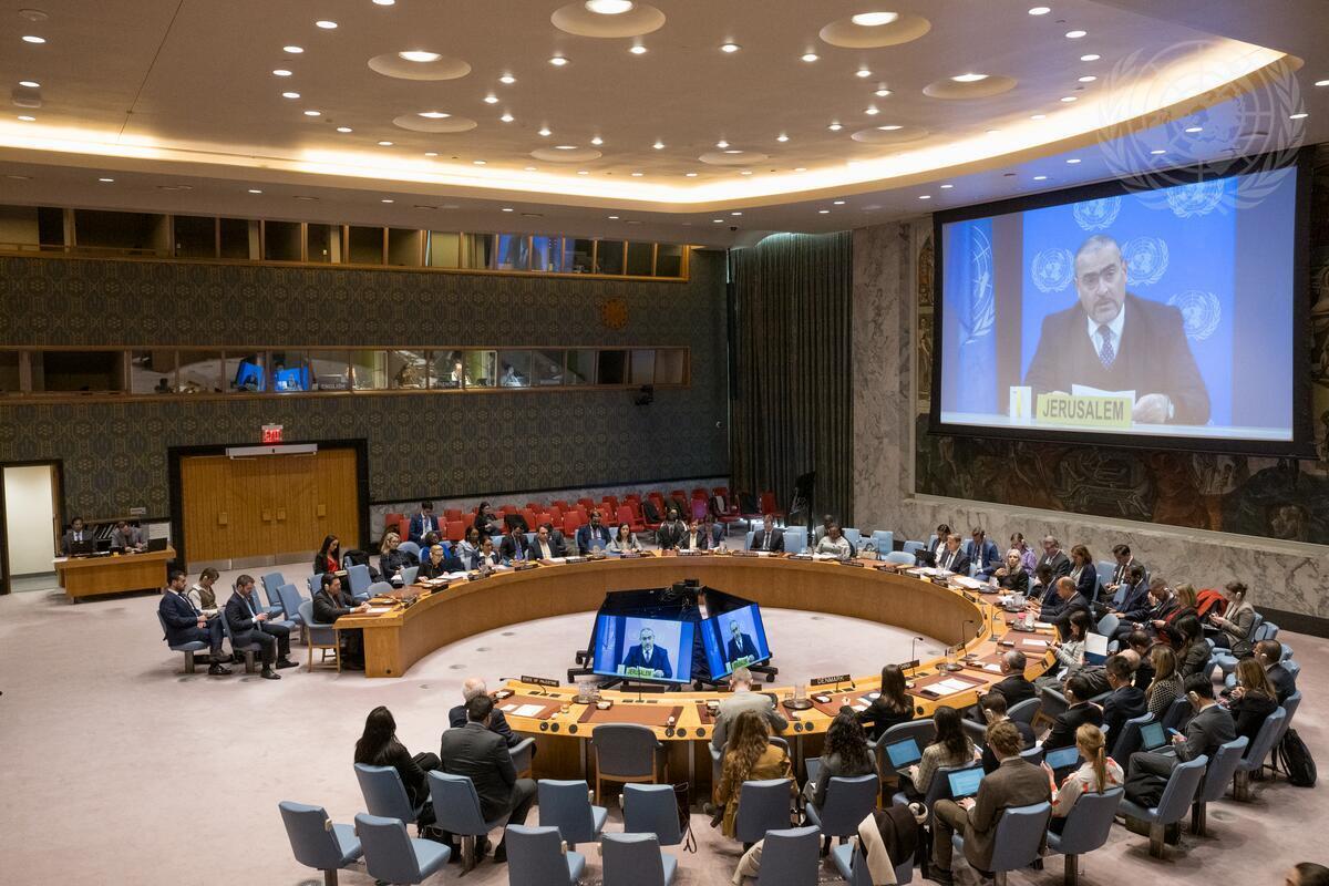 A wide view of the Security Council meeting on the situation in the Middle East, including the Palestinian question. On the screens are Ramiz Alakbarov, Deputy Special Coordinator for the Middle East Peace Process, United Nations Resident and Humanitarian Coordinator. [16 December 2025]