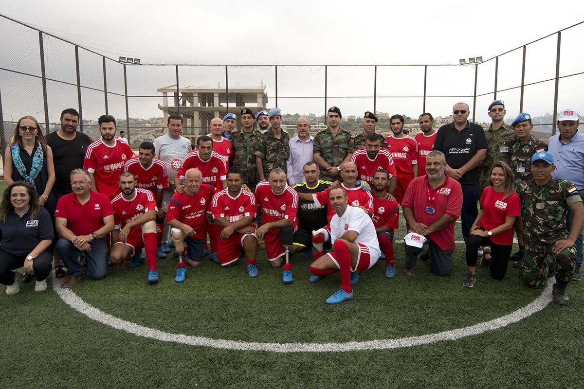 The players from the Lebanese Association for the Care of the Disabled participate in a football match, coordinated by the Lebanon Mine Action Center (LMAC) and supported by UNMAS and UNIFIL, to mark International Day for Mine Awareness and Assistance in Mine Action.