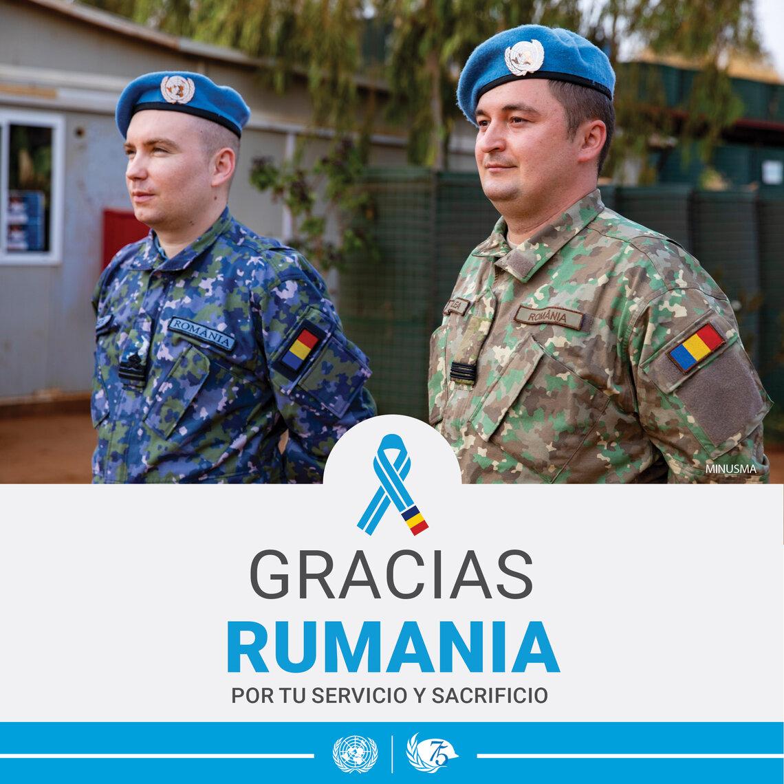 Primer plano de dos cascos azules en exteriores.